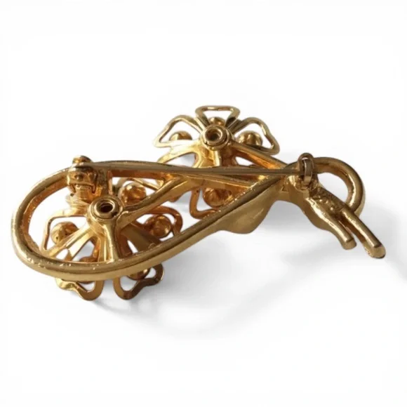Vintage 1950s CORO Gold-Tone Floral Brooch w/ Pink Rhinestones - Picture 7 of 9
